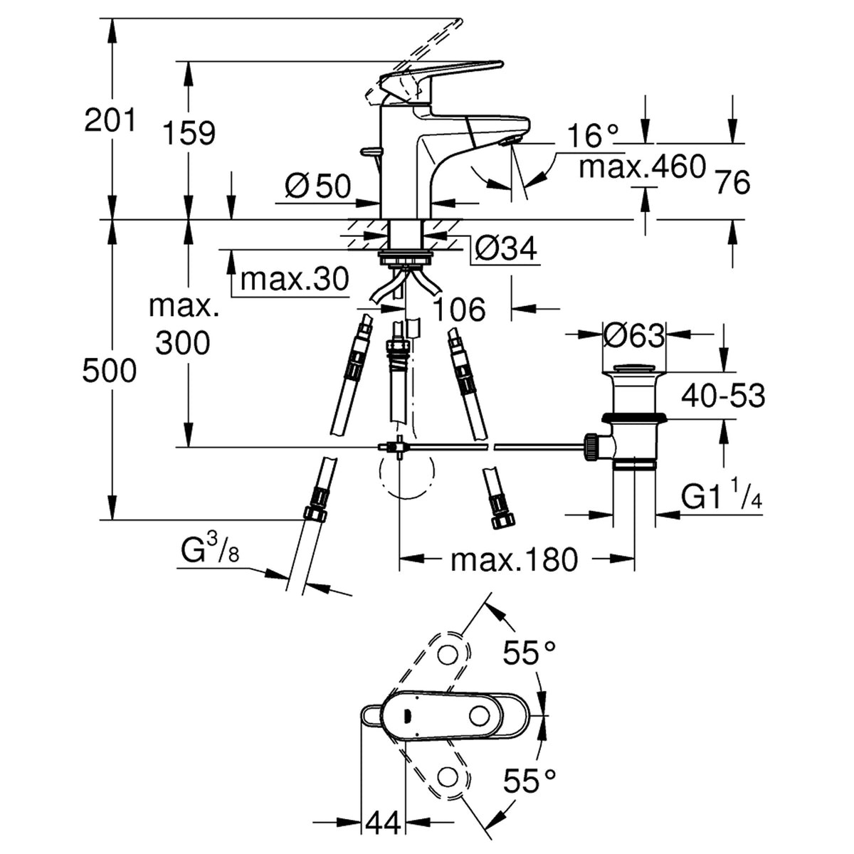 Grohe Europlus Spiralli Lavabo Bataryası, Sifon Kumandalı - Teknik Çizim