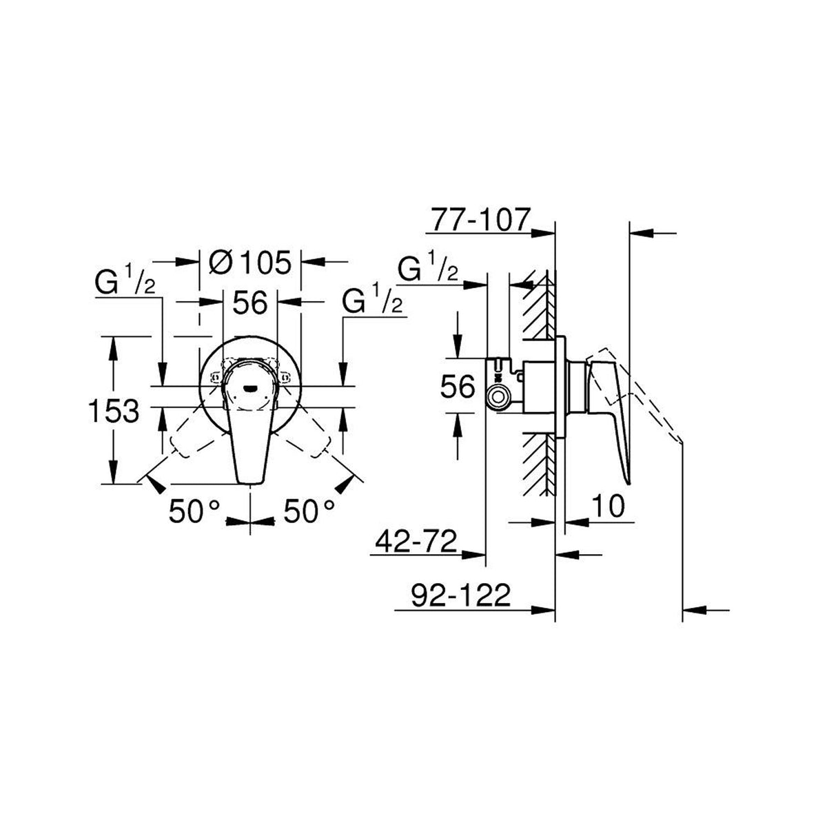 Grohe BauEdge Ankastre Duş Bataryası - Teknik Çizim