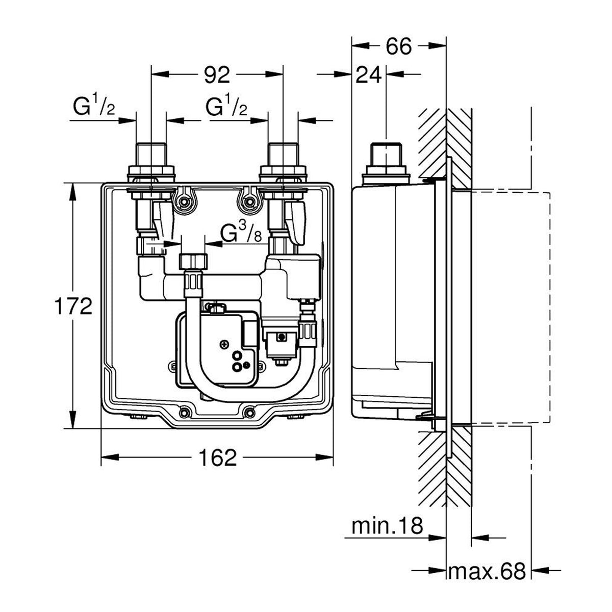 Grohe Euroeco Cosmopolitan E Fotoselli Bataryalar İçin İç Gövde (Çift Su Girişli) - Teknik Çizim