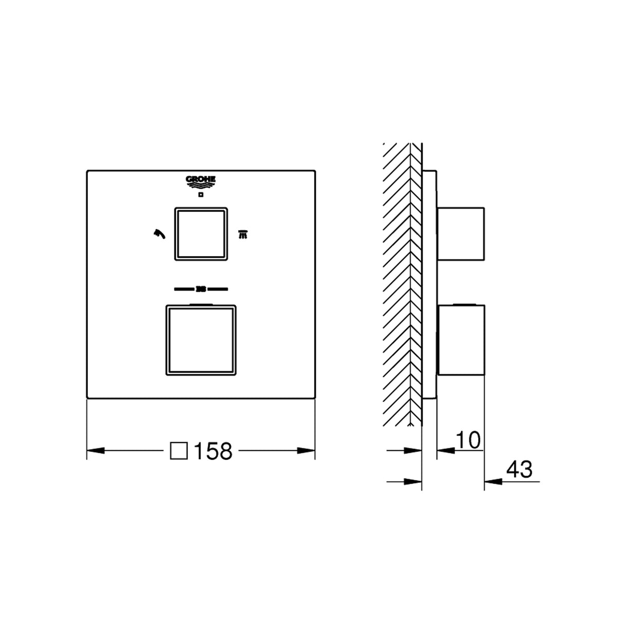 Grohe Grohtherm Cube Ankastre Termostatik Banyo Bataryası (2 Yollu, Sıva Üstü Grubu), Paslanmaz Çelik - Teknik Çizim