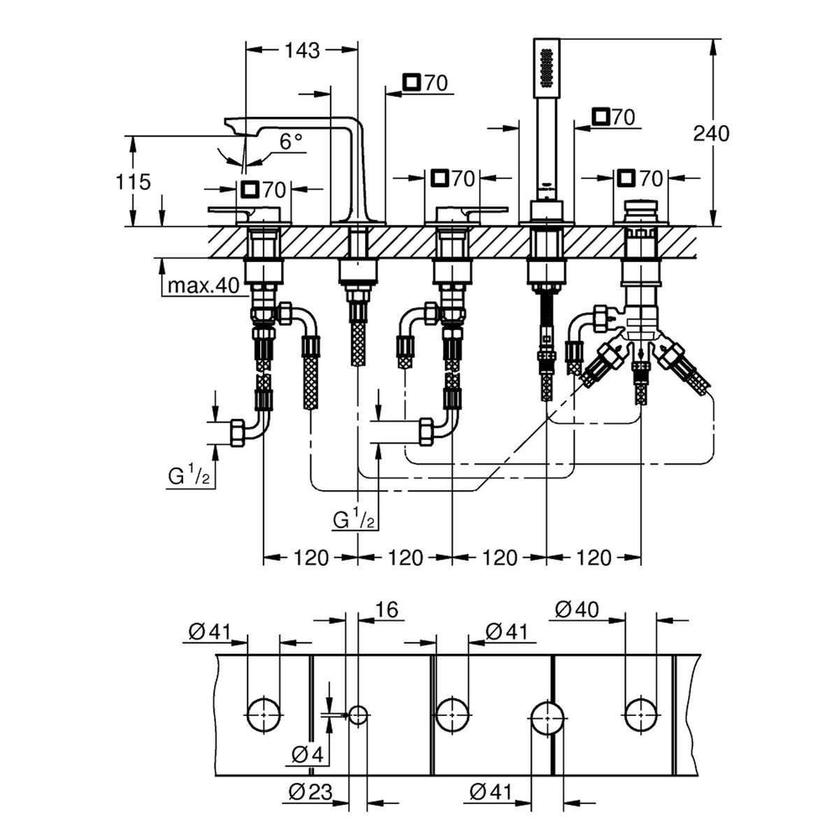 Grohe Allure 5 Delikli Ankastre Küvet Bataryası, Paslanmaz Çelik - Teknik Çizim