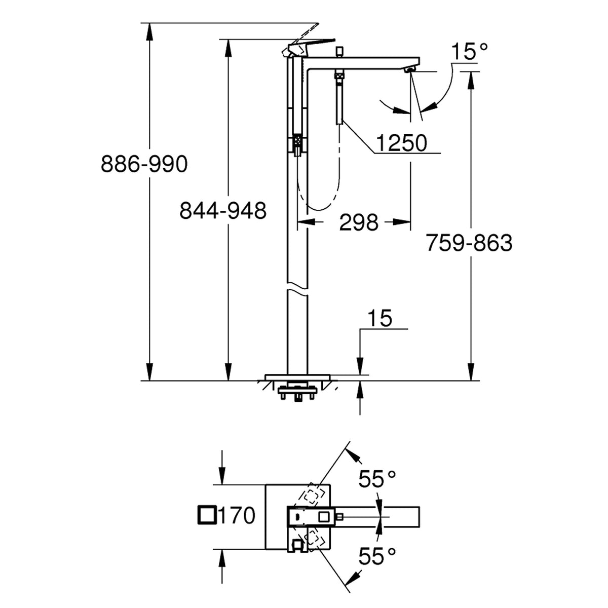 Grohe Eurocube Yerden Küvet Bataryası (Sıva Üstü Grubu), Paslanmaz Çelik - Teknik Çizim