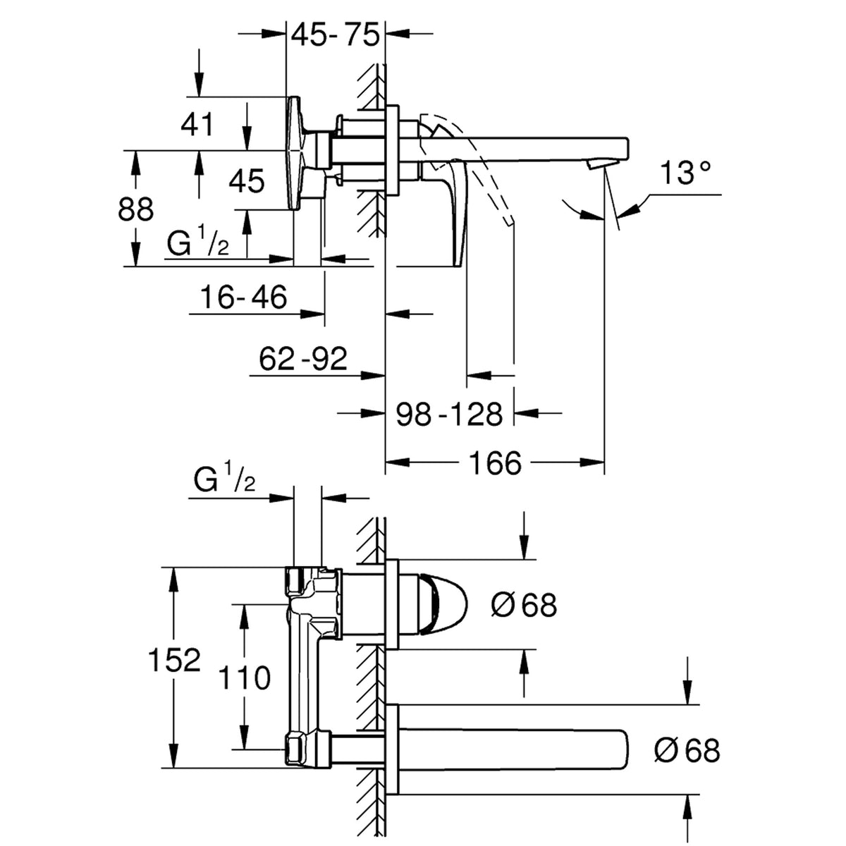 Grohe BauCurve İki Delikli Ankastre Lavabo Bataryası - Teknik Çizim