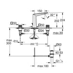Grohe Allure Brilliant Private Collection L-Boy, 3 Delikli Lavabodan Ankastre Lavabo Bataryası, Sifon Kumandalı, Fırçalı Sert Grafit - Teknik Çizim