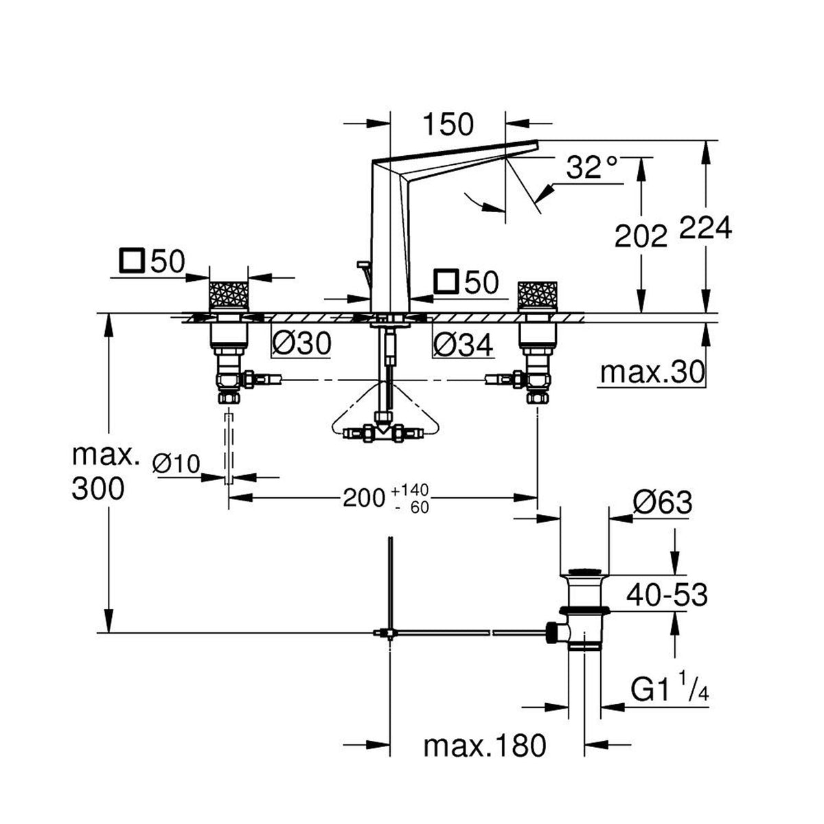 Grohe Allure Brilliant Private Collection L-Boy, 3 Delikli Lavabodan Ankastre Lavabo Bataryası, Sifon Kumandalı, Fırçalı Sert Grafit - Teknik Çizim