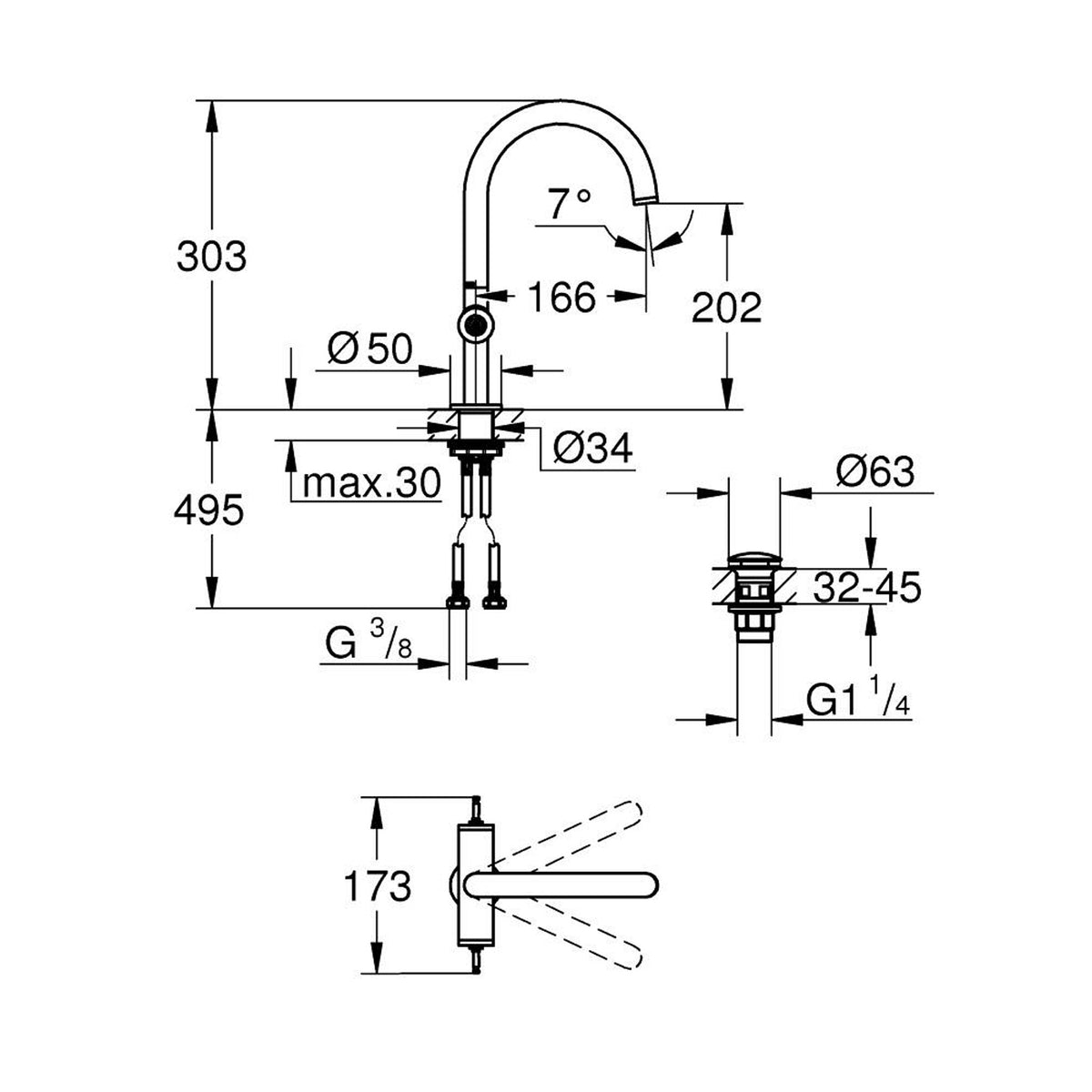 Grohe Atrio Private Collection Yüksek Lavabo Bataryası (L-Boy), Fırçalı Bakır - Teknik Çizim