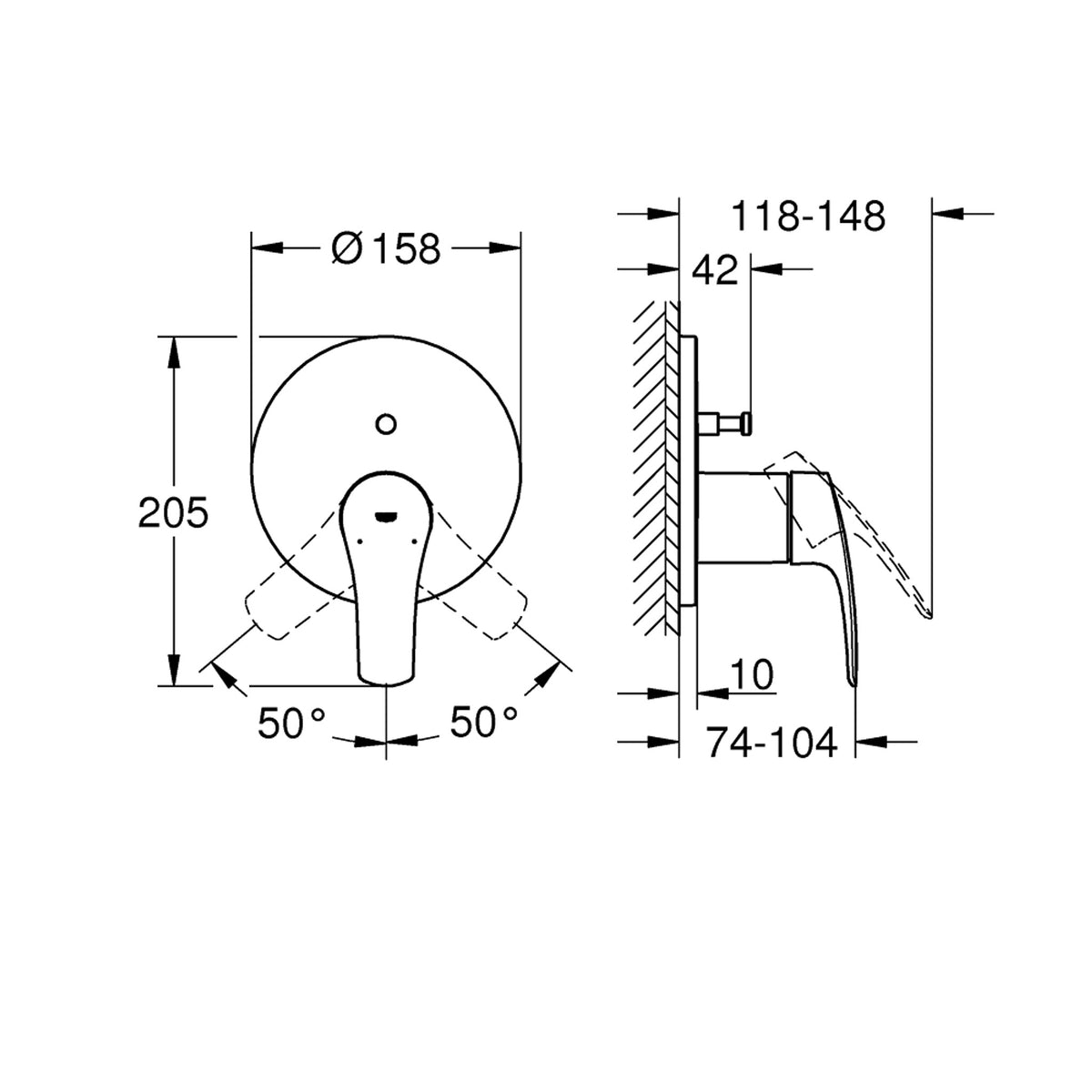 Grohe Eurosmart Ankastre Banyo / Duş Bataryası (Sıva Üstü Grubu) - Teknik Çizim