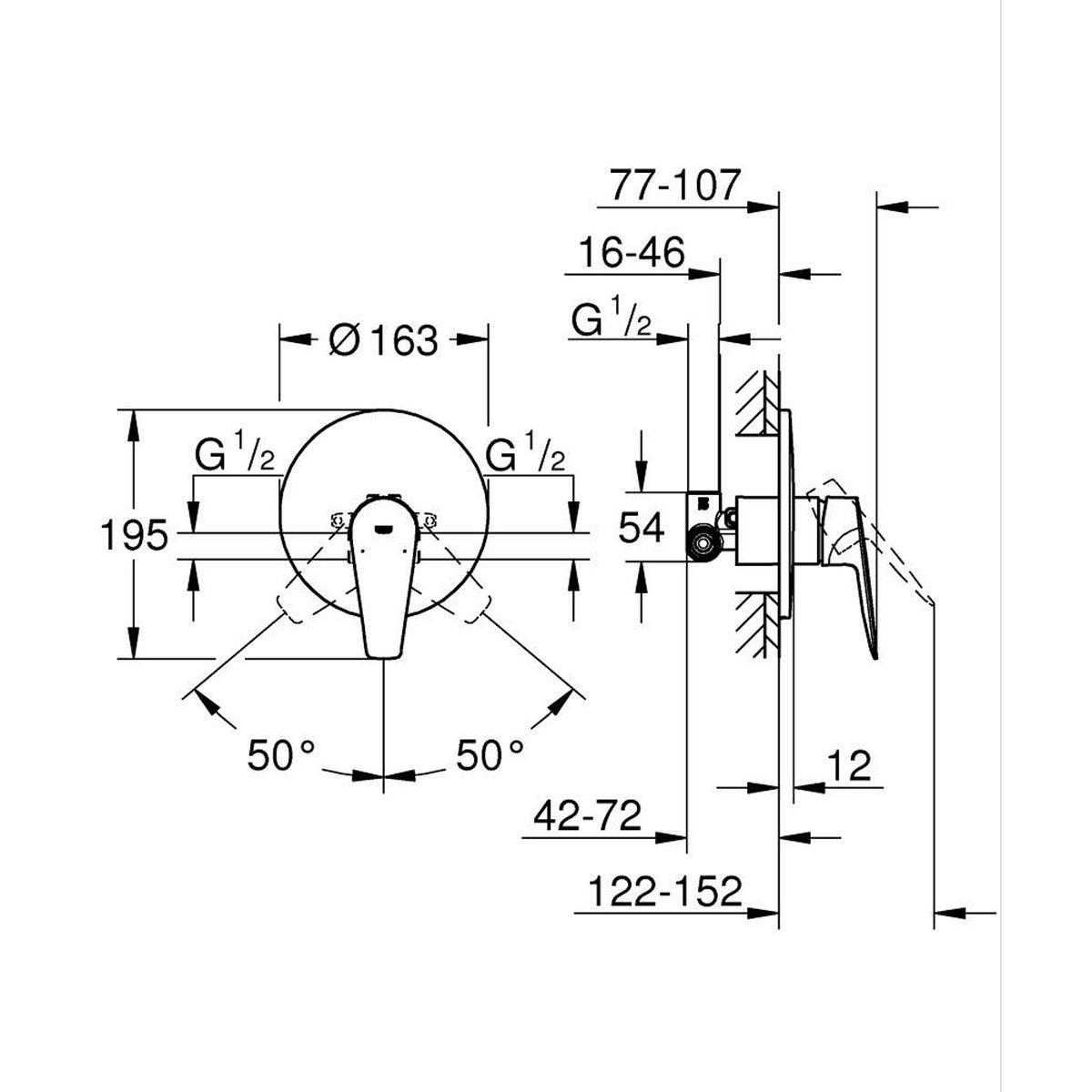 Grohe BauEdge Ankastre Duş Bataryası - Teknik Çizim