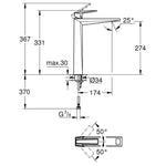 Grohe Allure Brilliant Private Collection XL-Boy Tezgah Üstü Lavabo Bataryası, Fırçalı Sert Grafit - Teknik Çizim