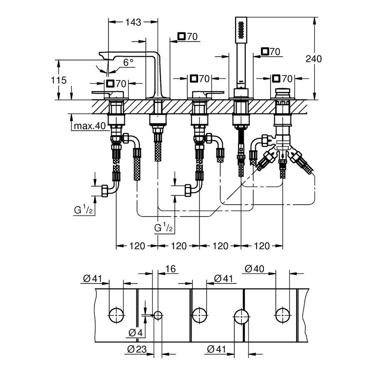 Grohe Allure 5 Delikli Ankastre Küvet Bataryası, Bakır - Teknik Çizim