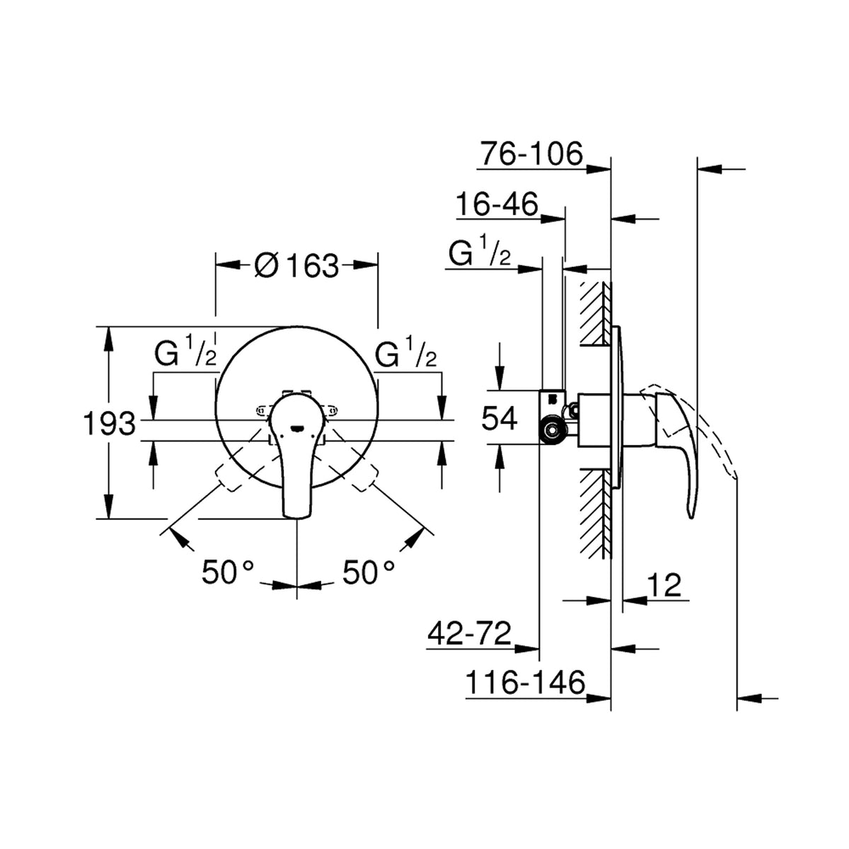 Grohe Eurosmart Ankastre Duş Bataryası - Teknik Çizim