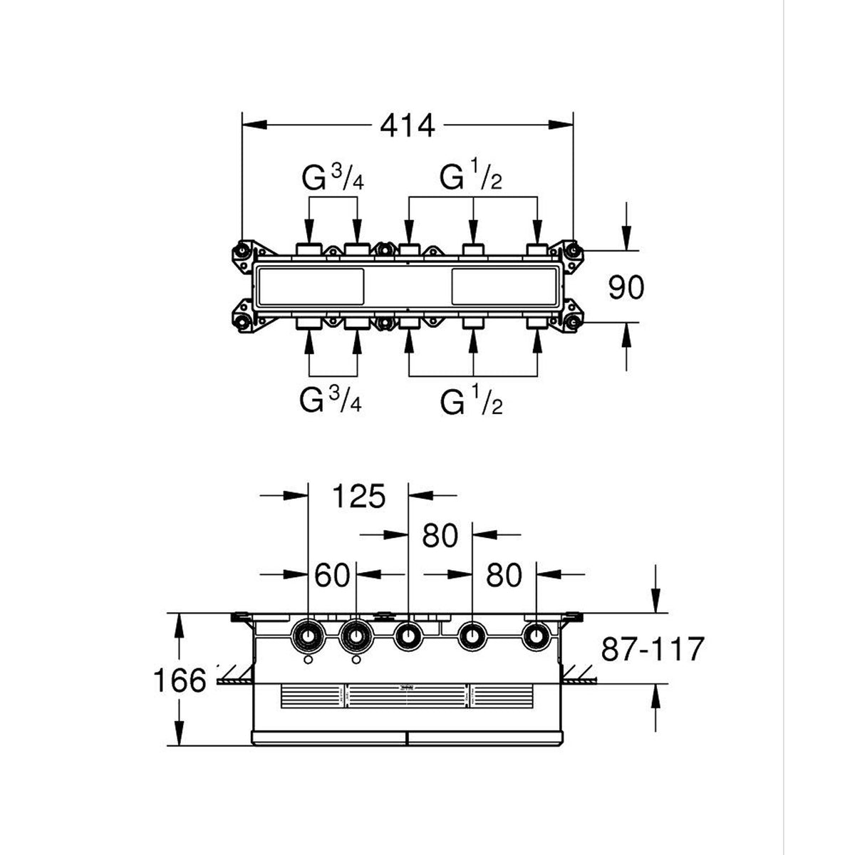Grohe Grohtherm Aqua Tiles SmartControl Termostatik Ankastre Banyo Bataryası, 3 Çıkışlı (Sıva Altı Grubu) - Teknik Çizim