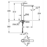 Grohe Lineare Tezgah Üstü Lavabo Bataryası, Paslanmaz Çelik - Teknik Çizim