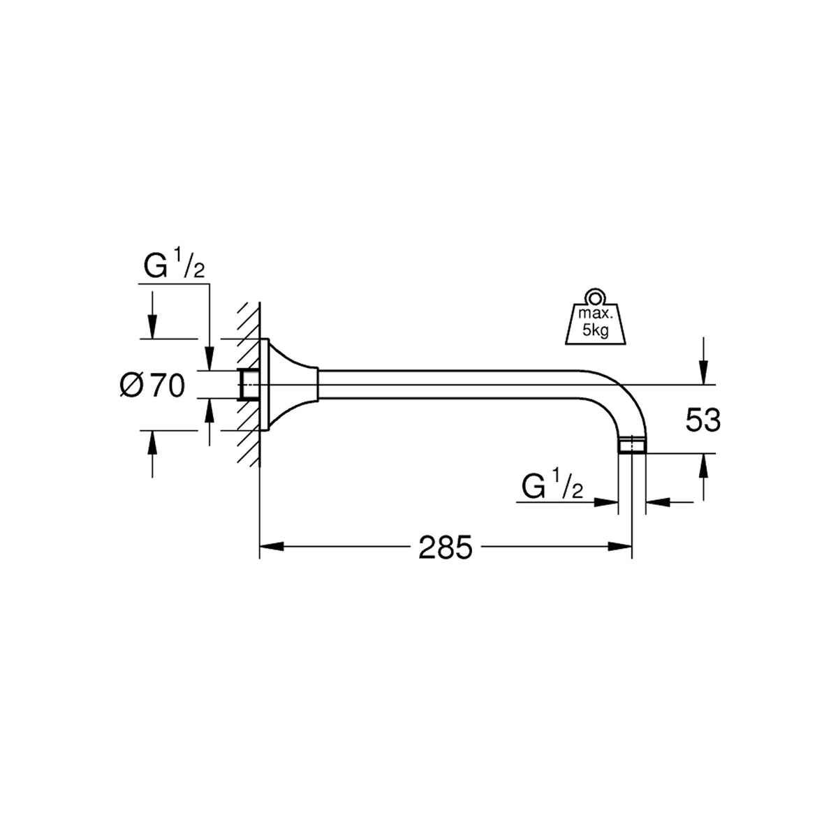 Grohe Rainshower Grandera Tepe Duşu Dirseği, 285 mm, Krom-Altın - Teknik Çizim