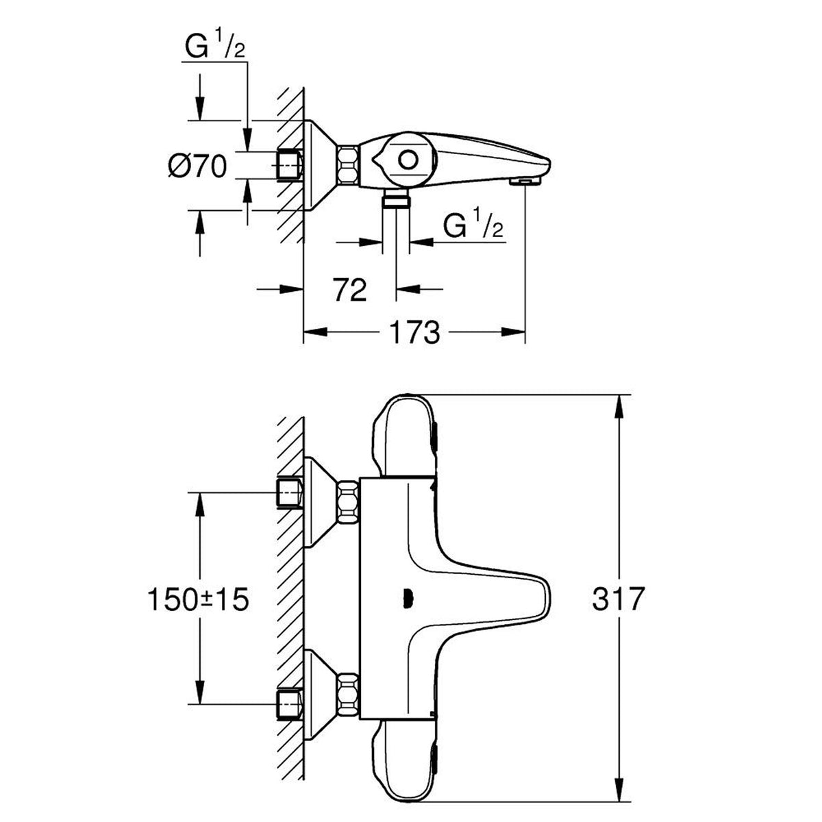 Grohe Grohtherm 1000 New Termostatik Banyo Bataryası, Mat Siyah - Teknik Çizim