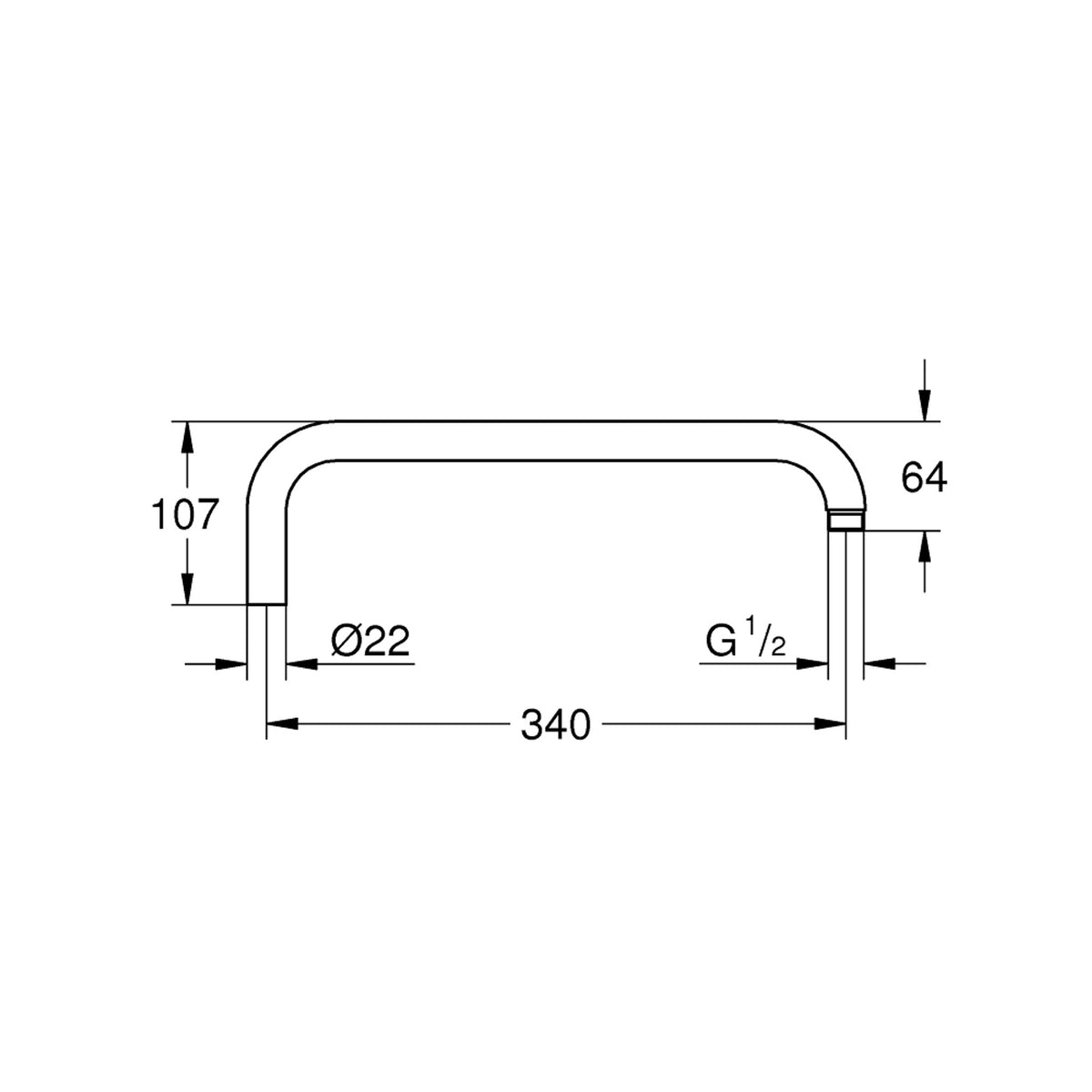 Grohe Rainshower Tepe Duşu Dirseği, 340 mm - Teknik Çizim