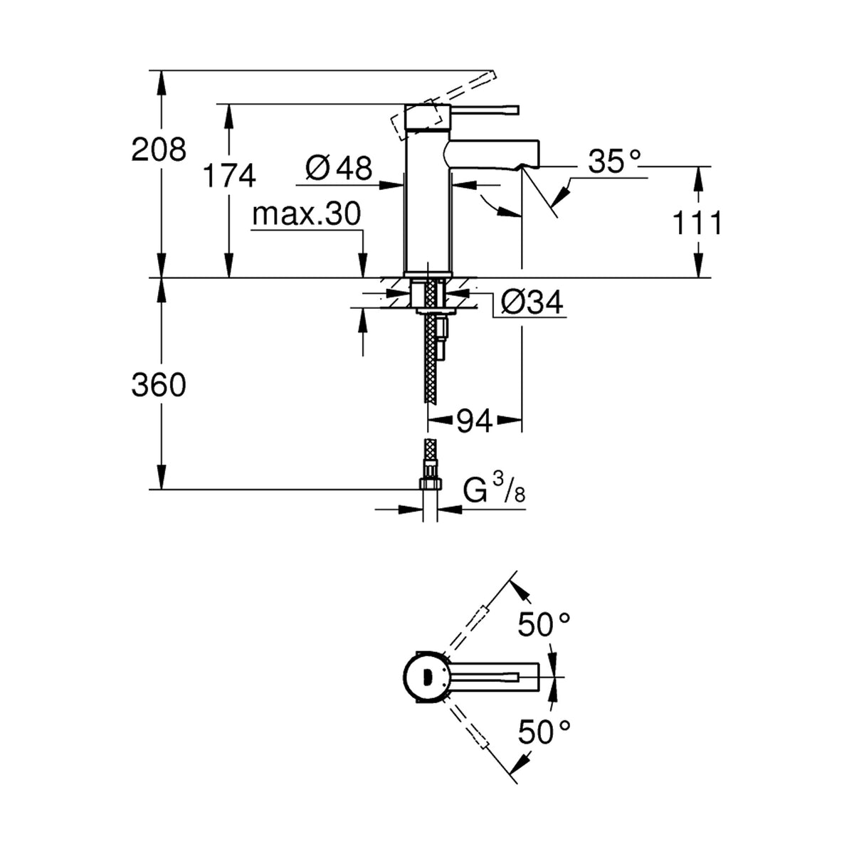 Grohe Essence Lavabo Bataryası (S-Boy) - Teknik Çizim