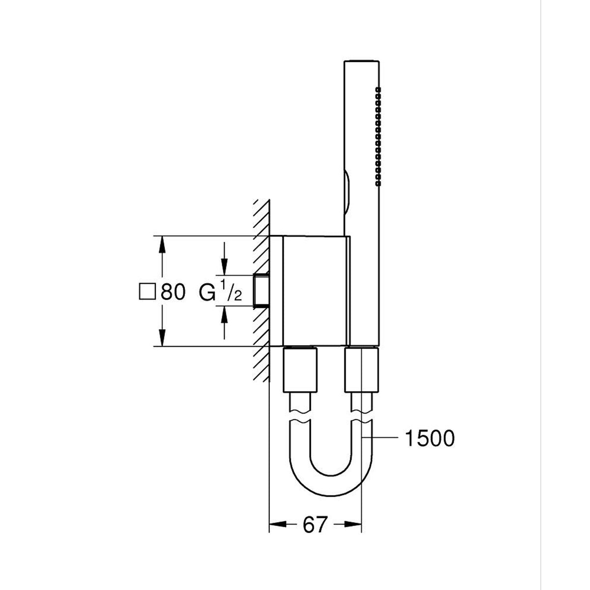 Grohe Rainshower Aqua Stick Ankastre Bağlantılı Manyetik El Duşu Seti, 2 Akışlı, Fırçalı Altın (Siyah Duş Hortumu) - Teknik Çizim
