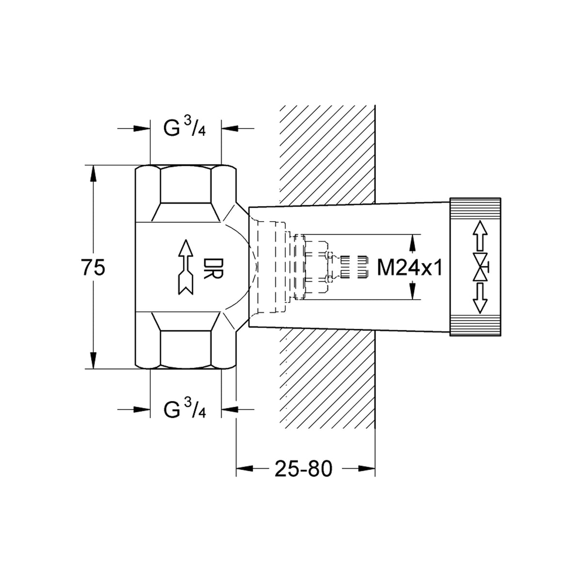Grohe Ankastre Stop Valf için İç Gövde 3/4 - Teknik Çizim
