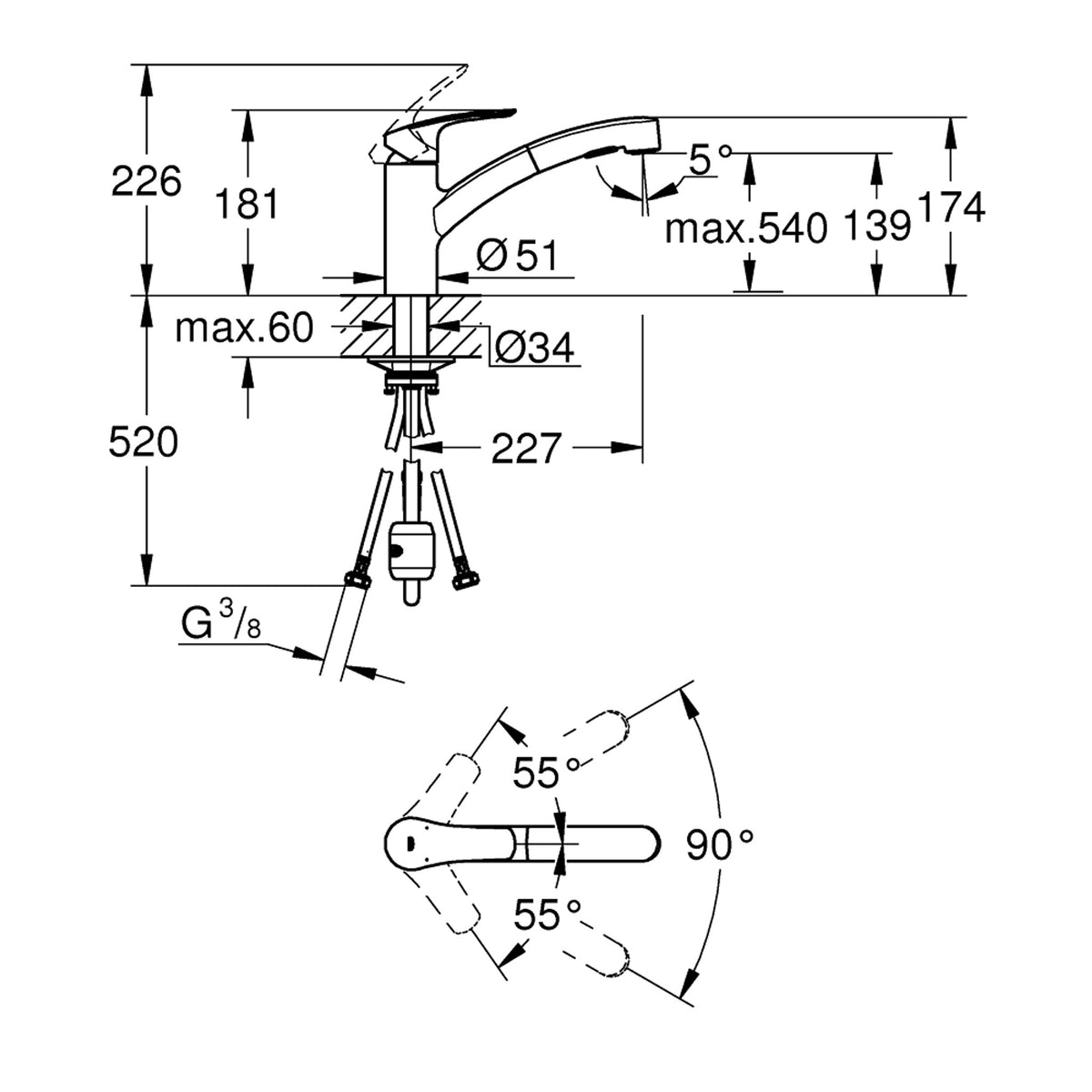 Grohe Eurosmart Spiralli Eviye Bataryası, Mat Siyah - Teknik Çizim
