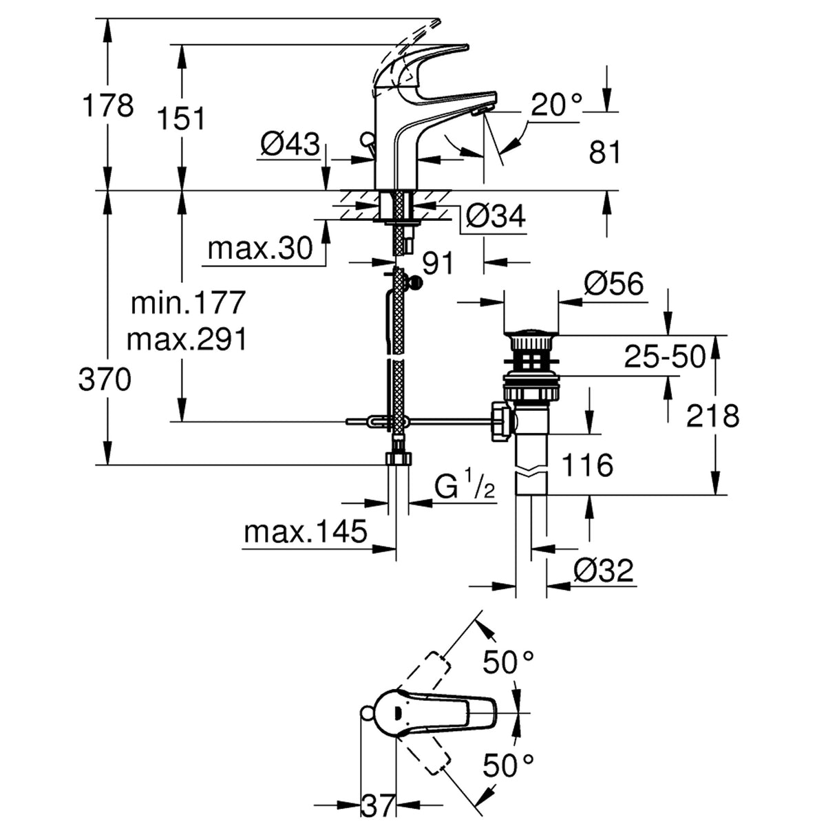 Grohe BauCurve Lavabo Bataryası, Sifon Kumandalı - Teknik Çizim