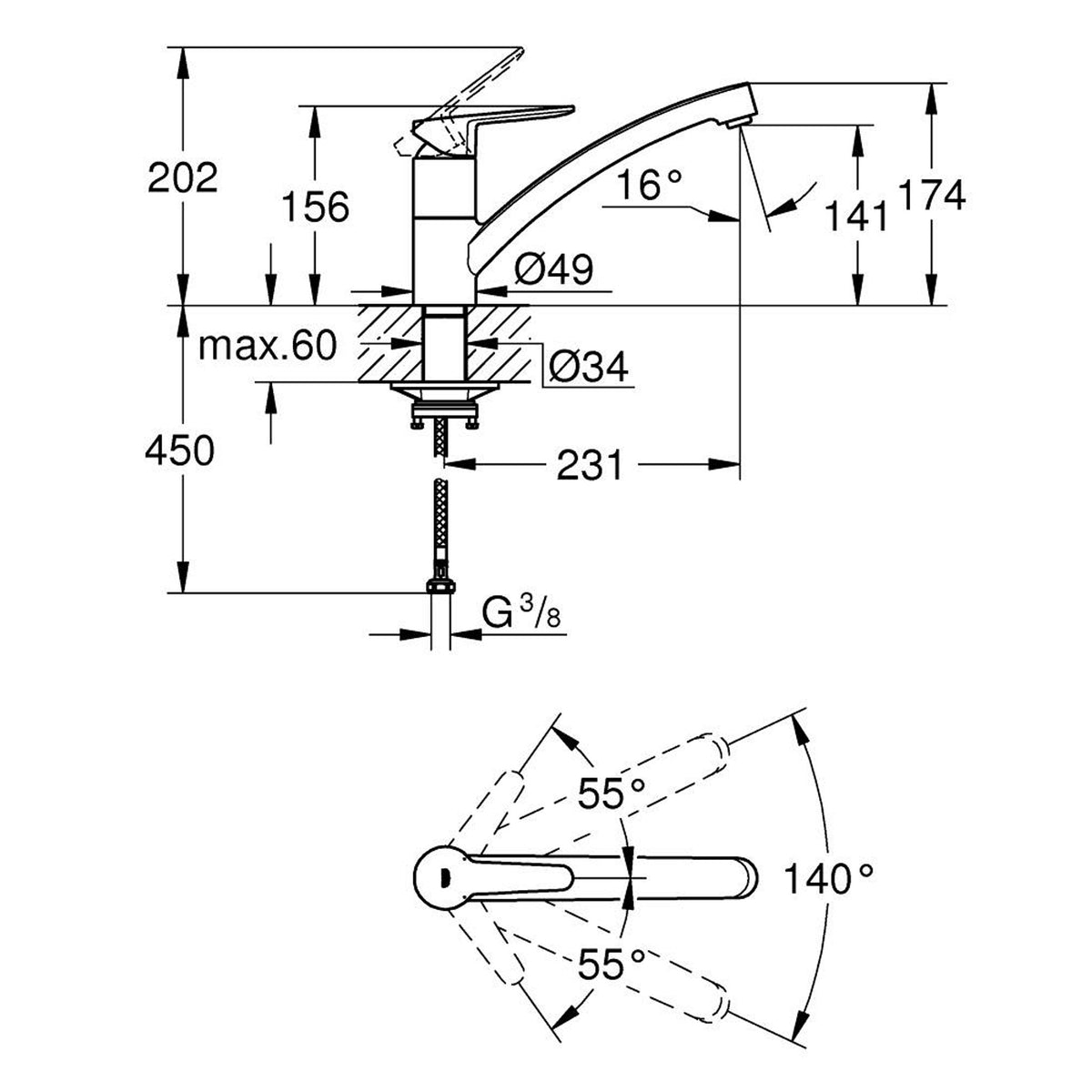 Grohe Bau Döner Borulu Eviye Bataryası - Teknik Çizim