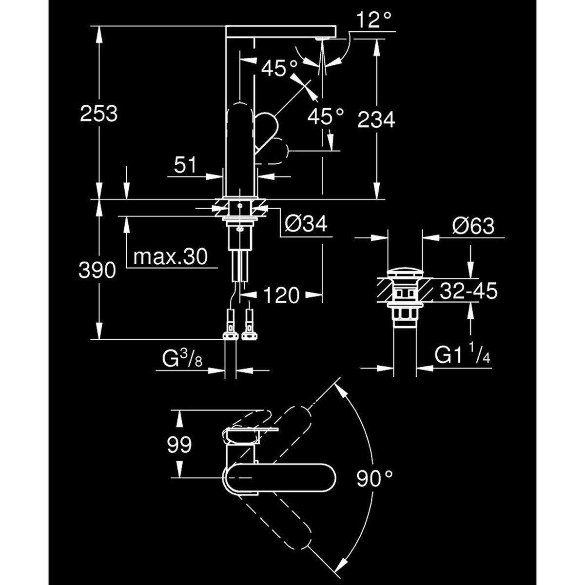 Grohe Plus Yüksek Lavabo Bataryası (L-Boy) - Teknik Çizim