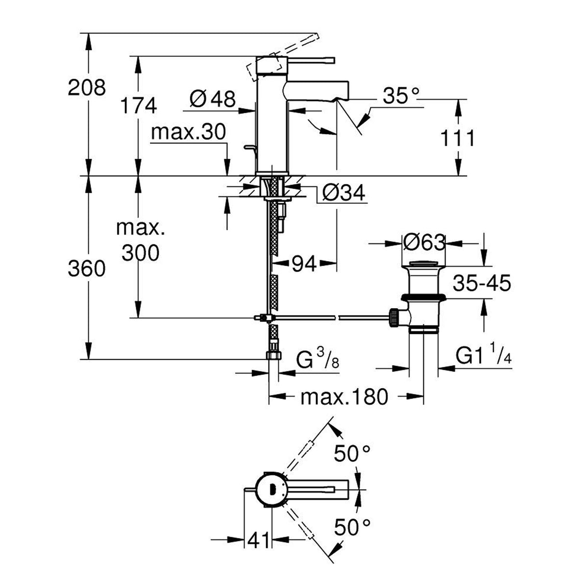 Grohe Essence Lavabo Bataryası (Sifon Kumandalı) - Teknik Çizim
