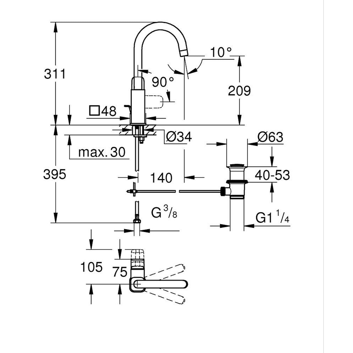 Grohe Cubeo Yüksek Lavabo Bataryası, L-Boy, Mat Siyah (Döner Borulu) - Teknik Çizim