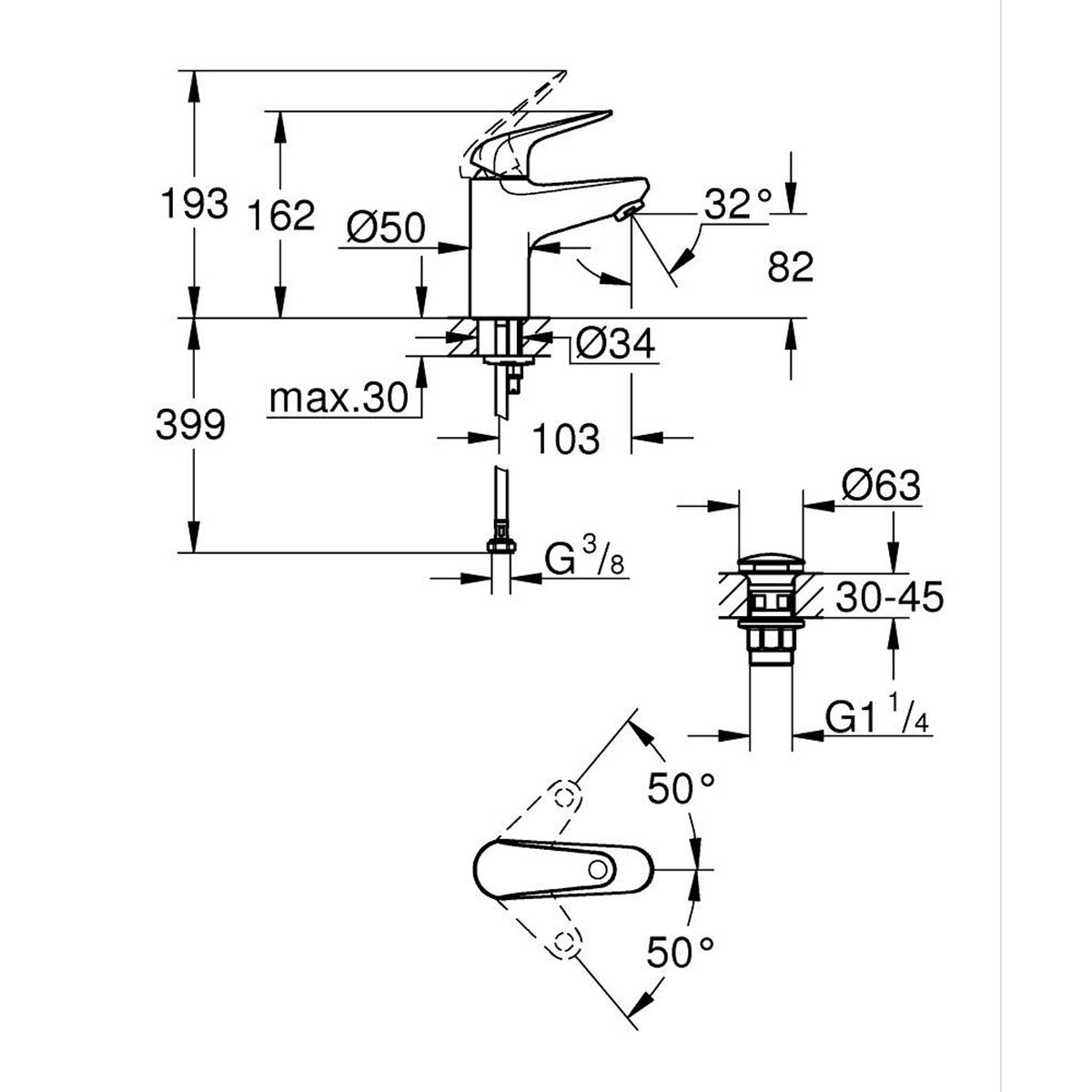 Grohe Euroeco Lavabo Bataryası, S-Boy - Teknik Çizim