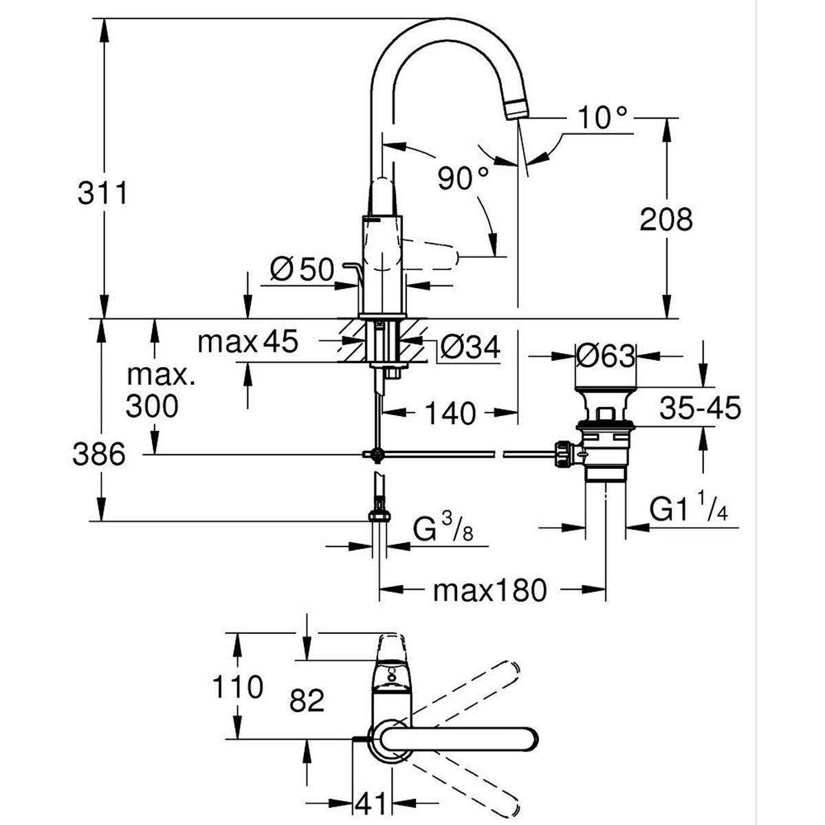 Grohe Euroeco Yüksek Lavabo Bataryası, Sifon Kumandalı, L-Boy - Teknik Çizim