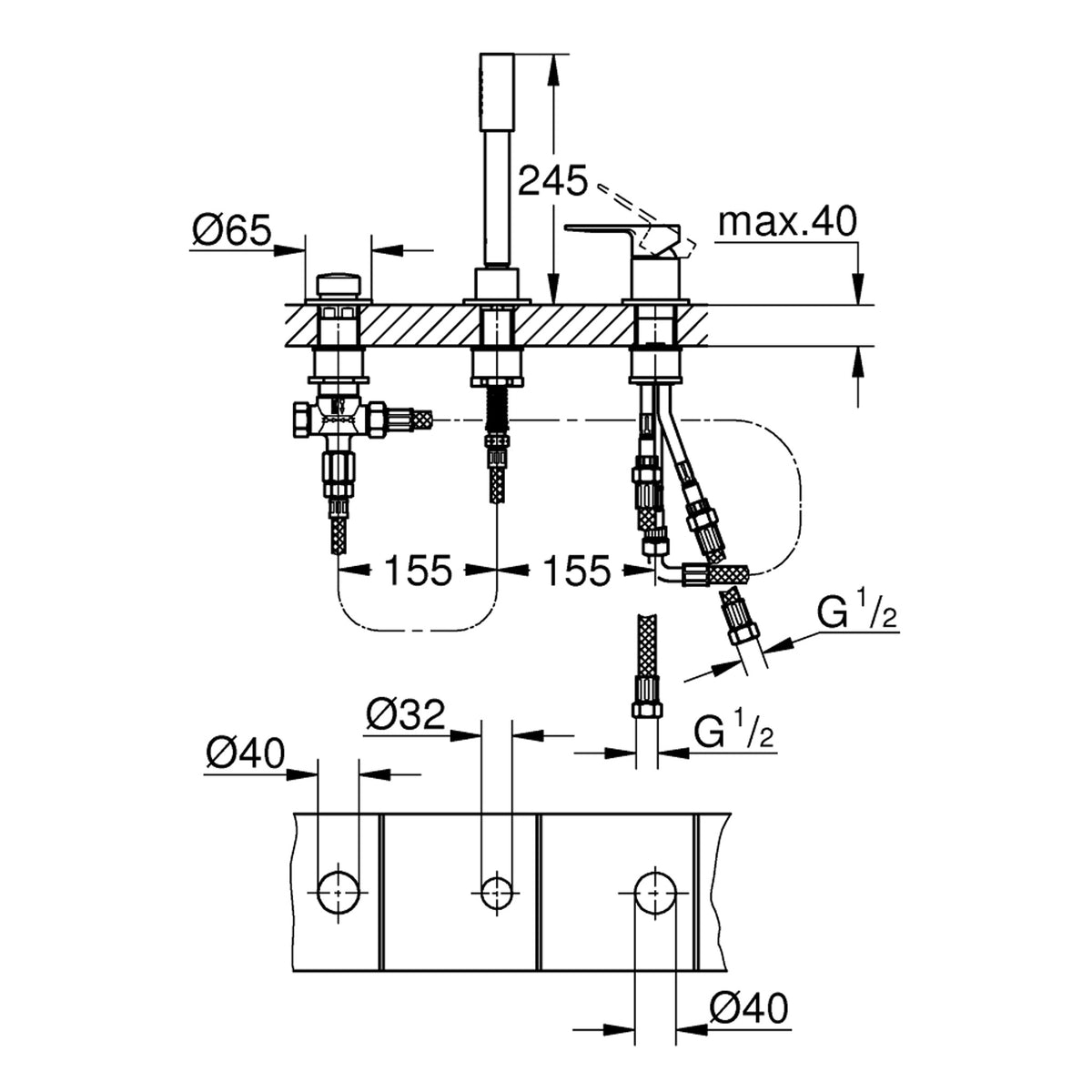 Grohe Lineare 3 Delikli Ankastre Küvet Bataryası (Sıva Üstü Grubu) - Teknik Çizim