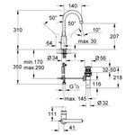 Grohe BauEdge Yüksek Lavabo Bataryası, Sifon Kumandalı, L-Boy - Teknik Çizim