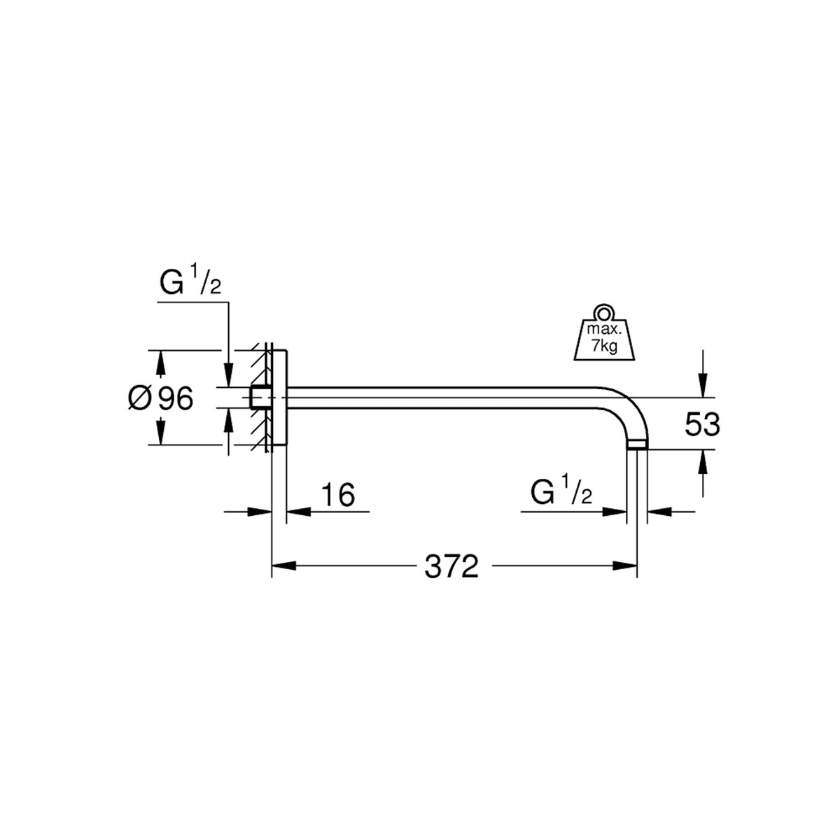 Grohe Rainshower Duş Başlığı, 378 mm - Teknik Çizim