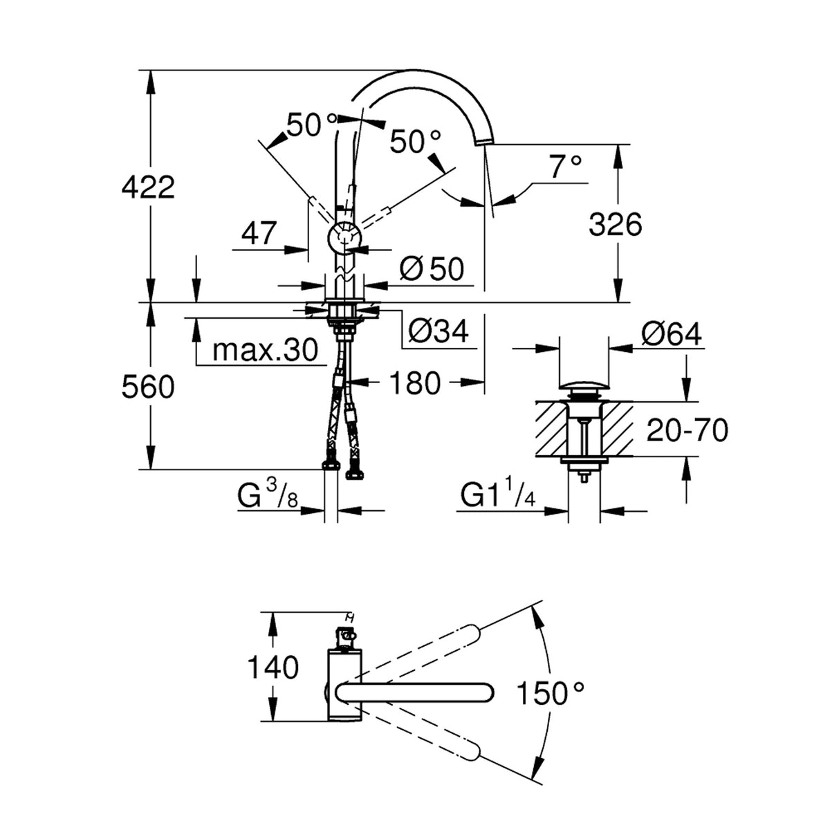 Grohe Atrio Tezgah Üstü Lavabo Bataryası, Fırçalı Sert Grafit - Teknik Çizim