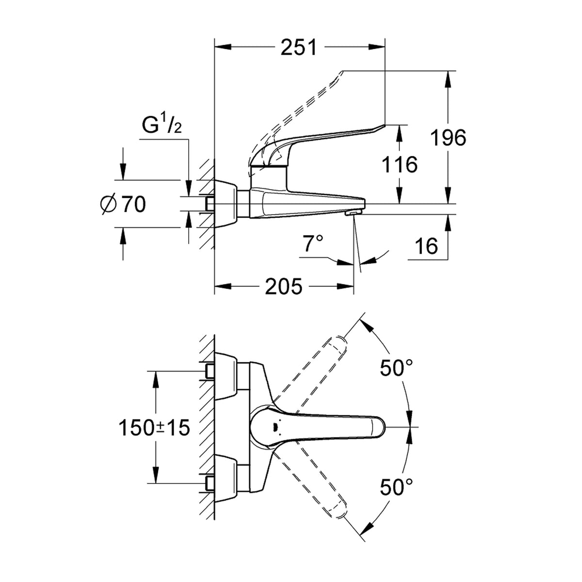 Grohe Euroeco Special Duvardan Lavabo Bataryası - Teknik Çizim