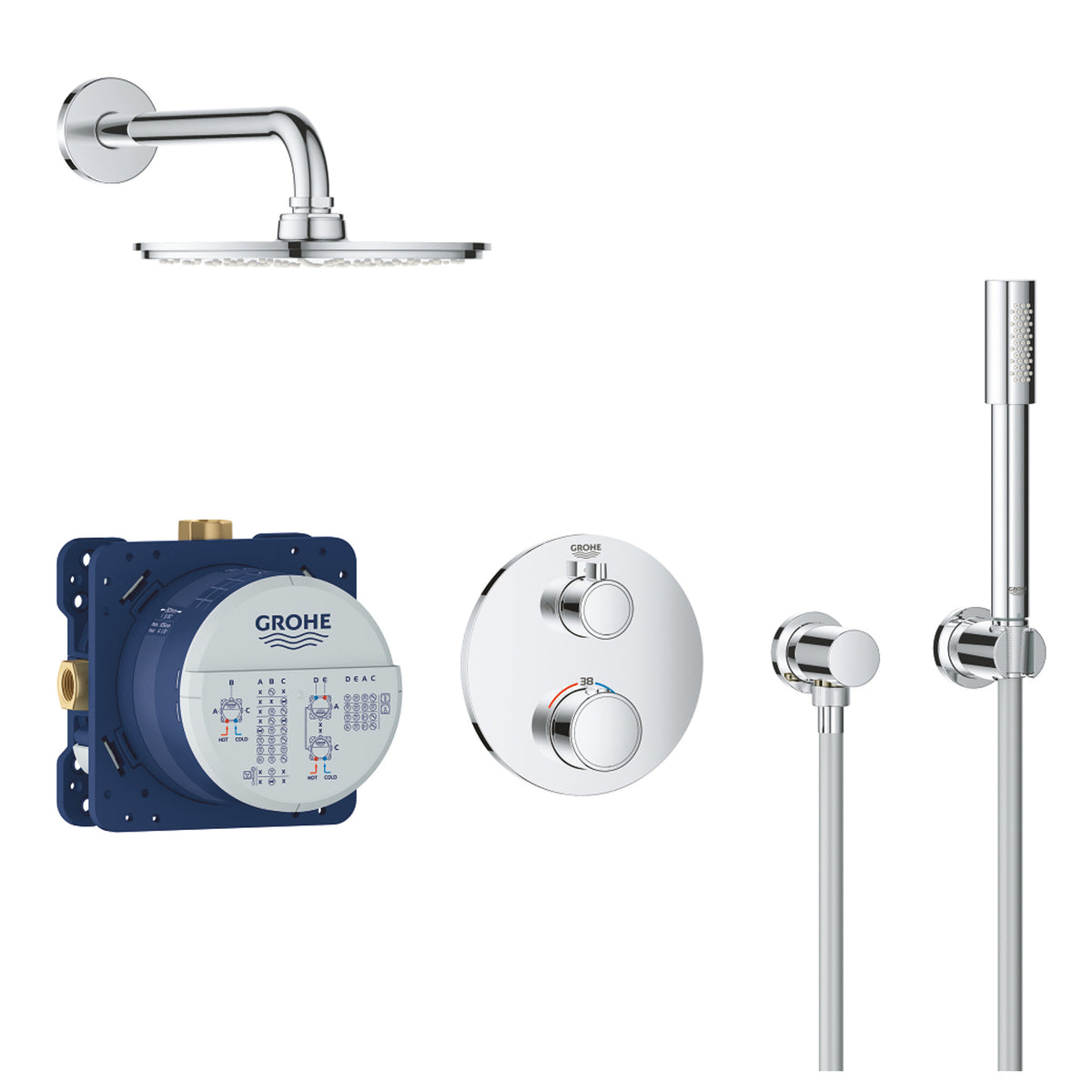 Grohe Grohtherm Perfect Ankastre Termostatik Banyo/Duş Bataryası, Tepe ve El Duşu Seti - Ürün Görseli