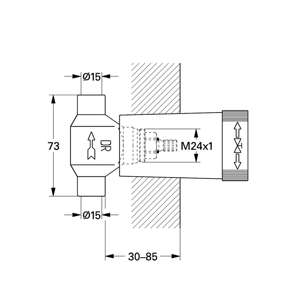 Grohe Ankastre Stop Valf için İç Gövde 1/2 - Teknik Çizim