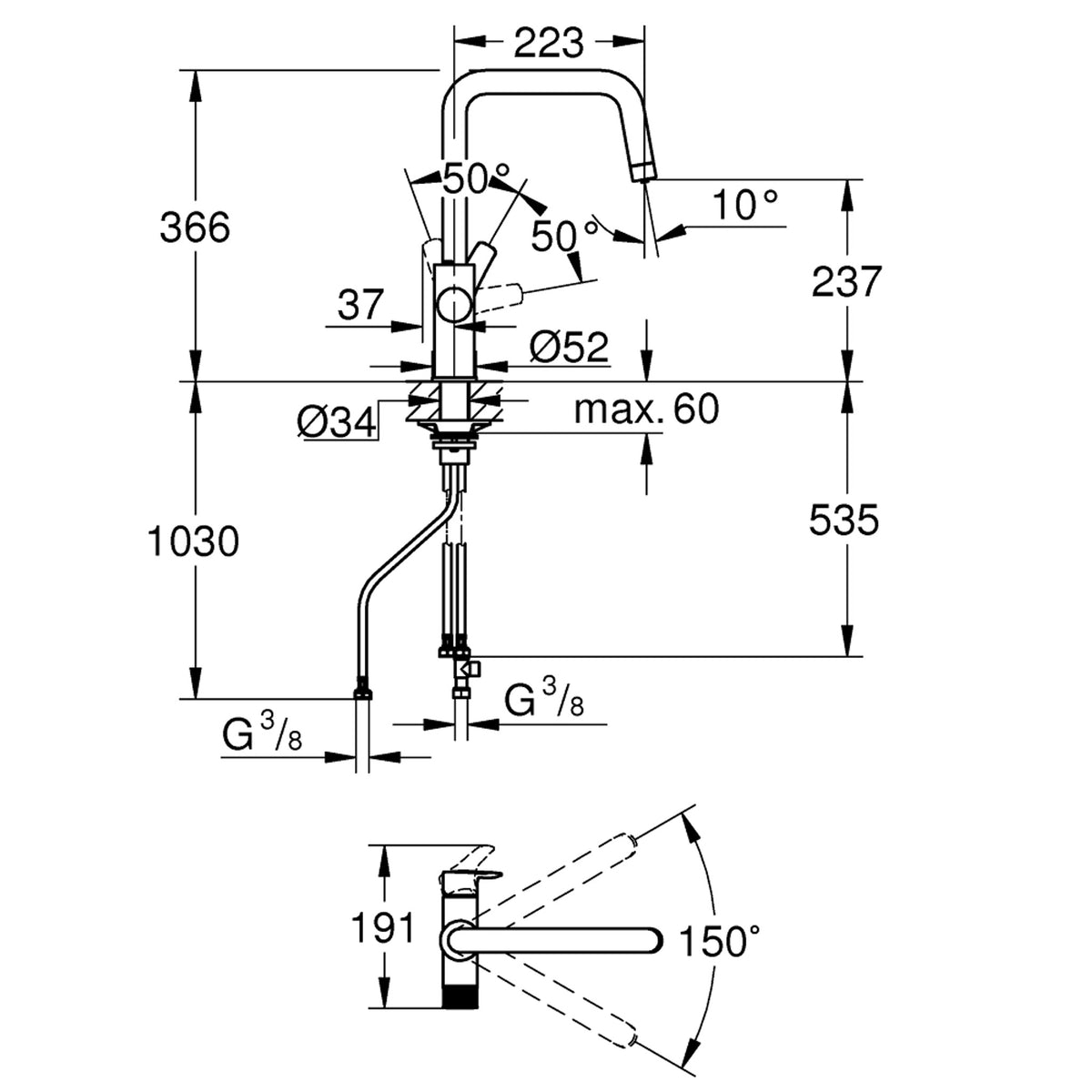 Grohe Blue Pure EuroSmart Arıtma Çıkışlı Eviye Bataryası - Teknik Çizim