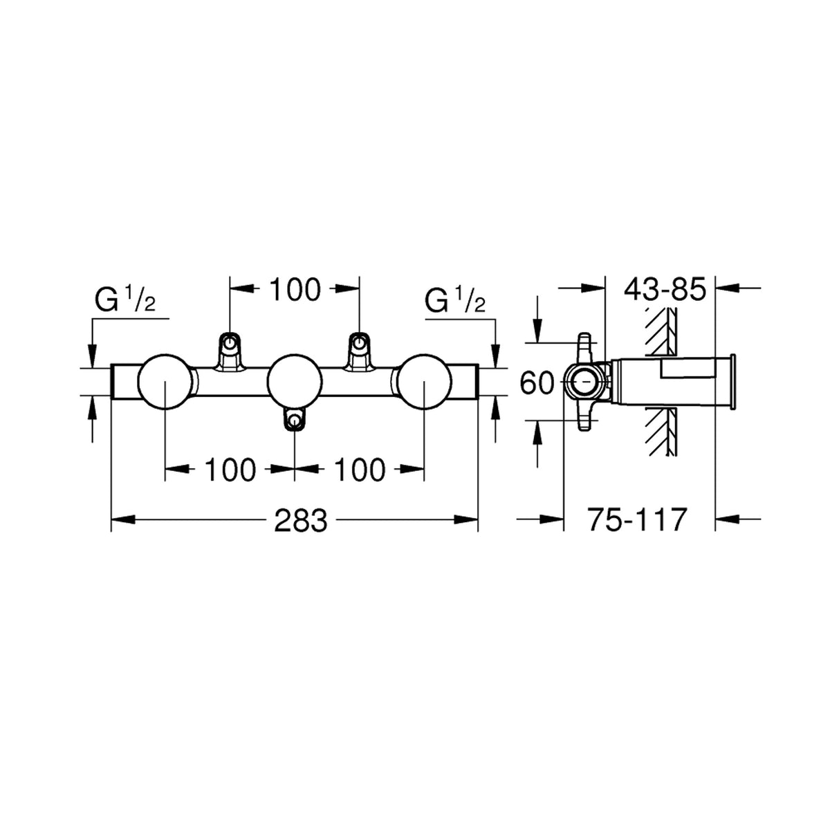 Grohe Ankastre Çift Kumandalı Lavabo Bataryası için İç Gövde - Teknik Çizim