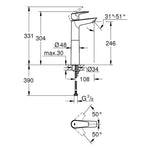 Grohe BauEdge Tezgah Üstü Lavabo Bataryası (XL Boy) - Teknik Çizim