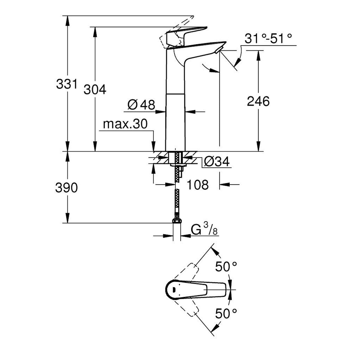 Grohe BauEdge Tezgah Üstü Lavabo Bataryası (XL Boy) - Teknik Çizim