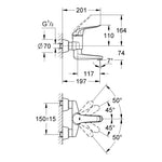 Grohe Euroeco Special Duvardan Lavabo Bataryası, 197 mm Çıkış Ucu - Teknik Çizim
