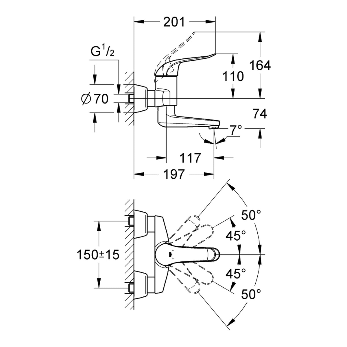 Grohe Euroeco Special Duvardan Lavabo Bataryası, 197 mm Çıkış Ucu - Teknik Çizim