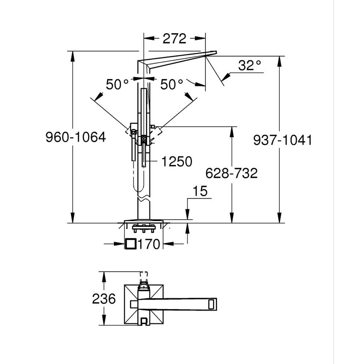 Grohe Allure Brilliant Private Collection Yerden Küvet Bataryası - Teknik Çizim