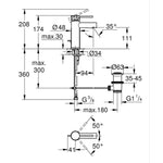 Grohe Essence Lavabo Bataryası, Sifon Kumandalı, İşlenmiş Krom (S-Boy) - Teknik Çizim
