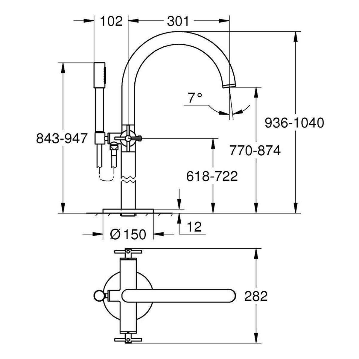 Grohe Atrio Yerden Küvet Bataryası (Sıva Üstü Grubu) - Teknik Çizim
