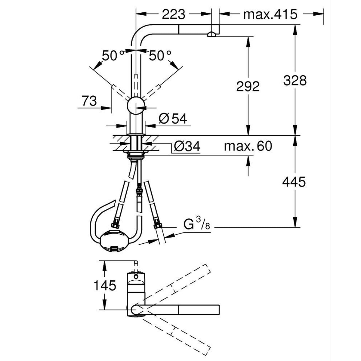 Grohe Minta Eviye Bataryası, Paslanmaz Çelik - Teknik Çizim