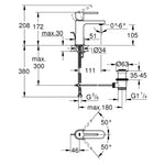 Grohe Plus Lavabo Bataryası, Sifon Kumandalı - Teknik Çizim