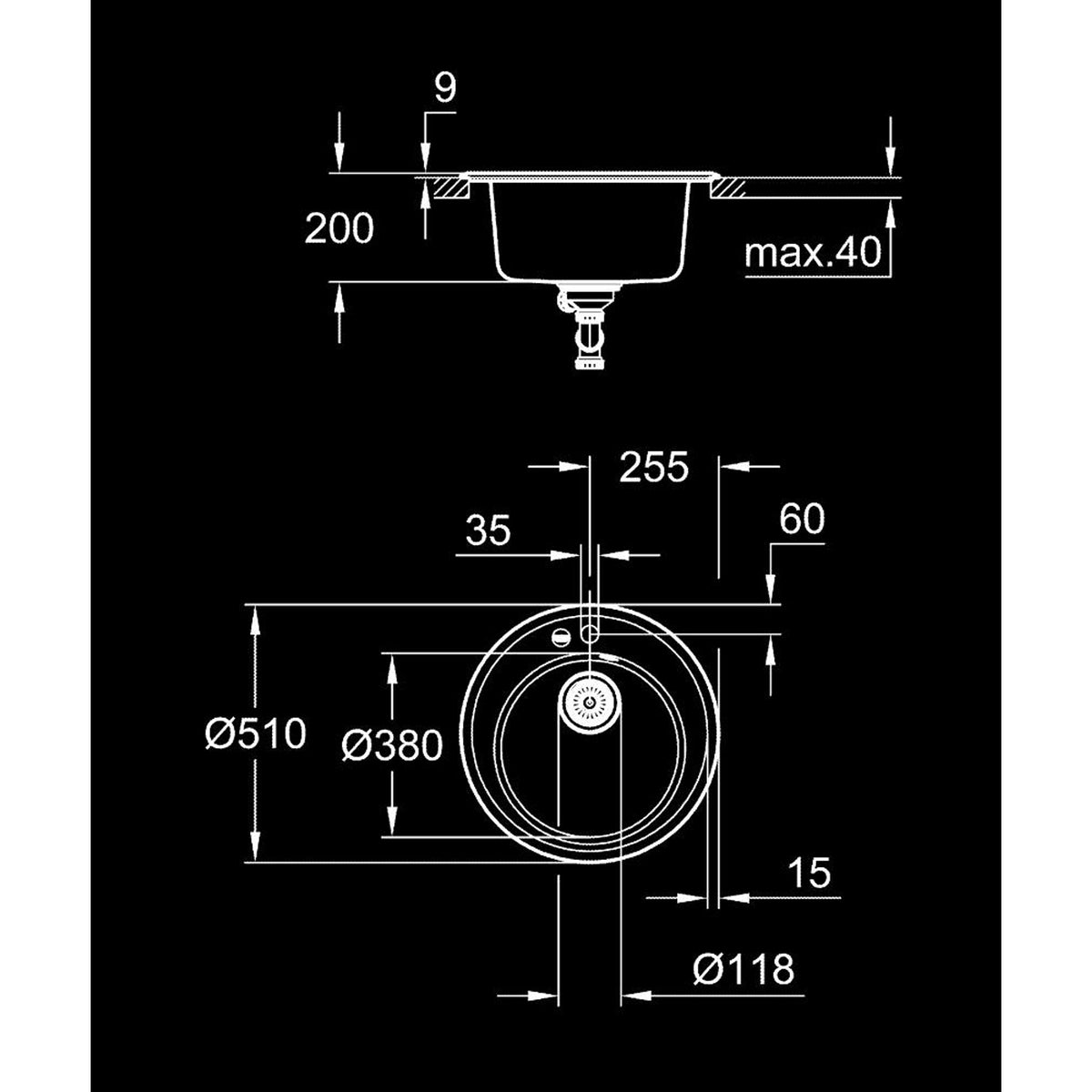 Grohe K200 Kompozit Eviye, Granit Siyah - Teknik Çizim